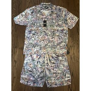 NWT Drill Clothing Fresh Prints Bills Money Shirt/Shorts Set Sz XL Silk Feel